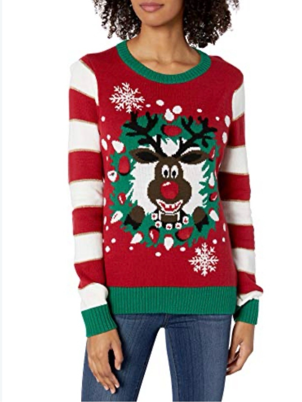 Ugly Christmas Sweater Red Green White Reindeer Wreath Crew Neck Medium